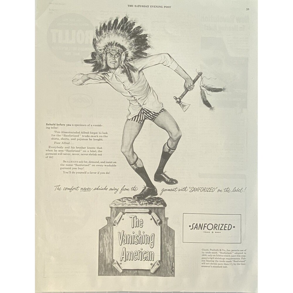 Sanforized Trade Mark "The Vanishing American" Vintage Print Ad 1948